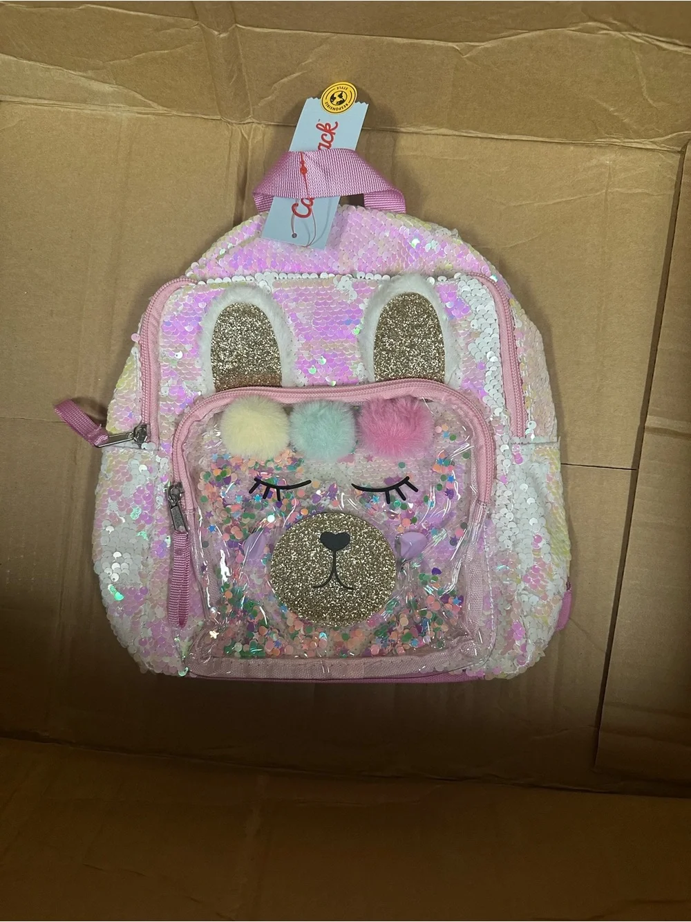 Cat & Jack Pink Sequin Bear Clear Pocket Backpack